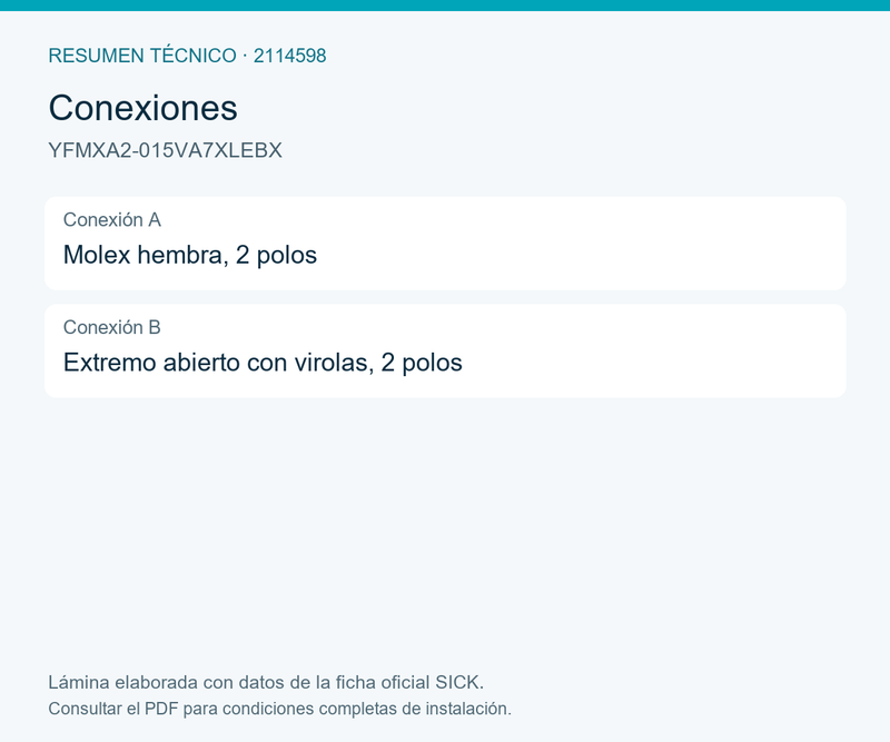 [Klever Portal:8115:030d3c5d9b58] SICK Cable Molex hembra de 2 polos a extremo abierto, 1,5 m - YFMXA2-015VA7XLEBX