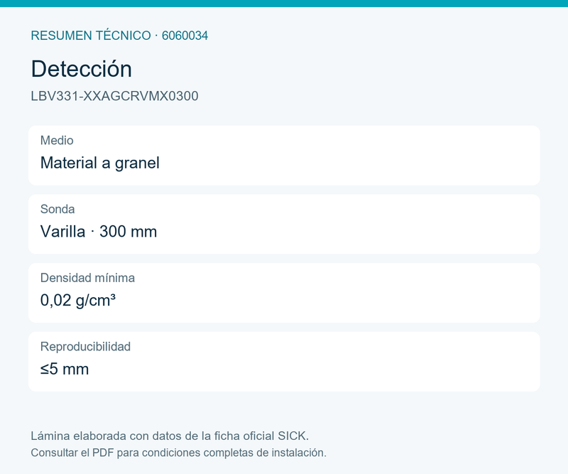 [Klever Portal:8570:6c0a89da903d] SICK Detector de nivel límite para material a granel - LBV331-XXAGCRVMX0300