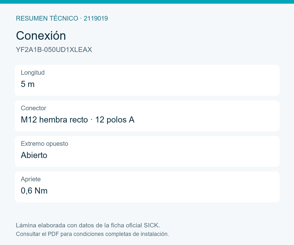 [Klever Portal:8680:0f25fb5d6fe6] SICK Cable M12 hembra de doce polos sin apantallar, 5 m - YF2A1B-050UD1XLEAX