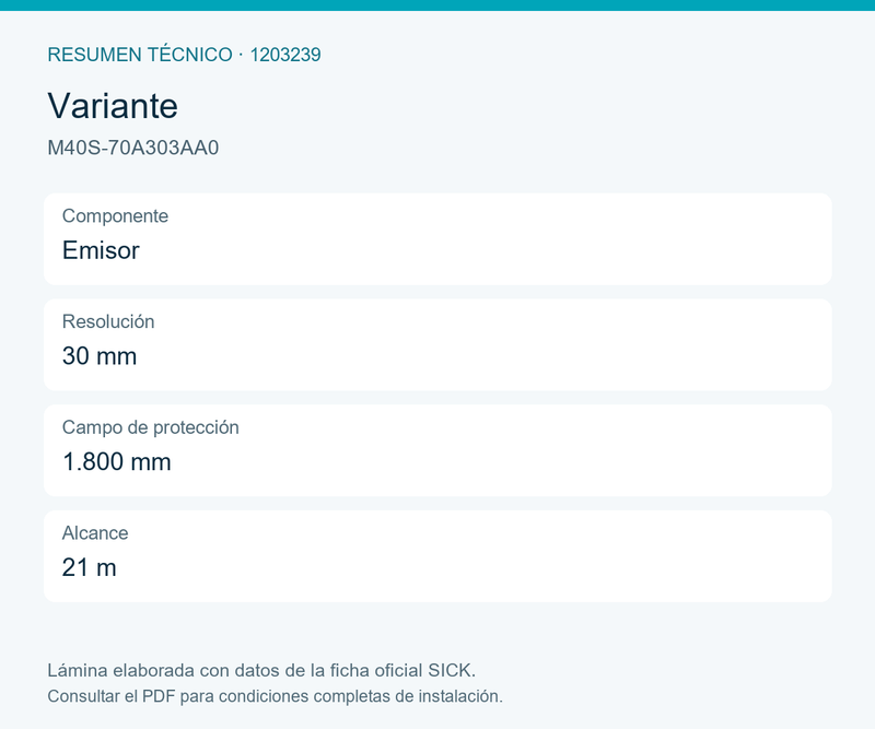 [Klever Portal:8705:d18b476f5481] SICK Emisor de cortina de seguridad de 1.800 mm - M40S-70A303AA0